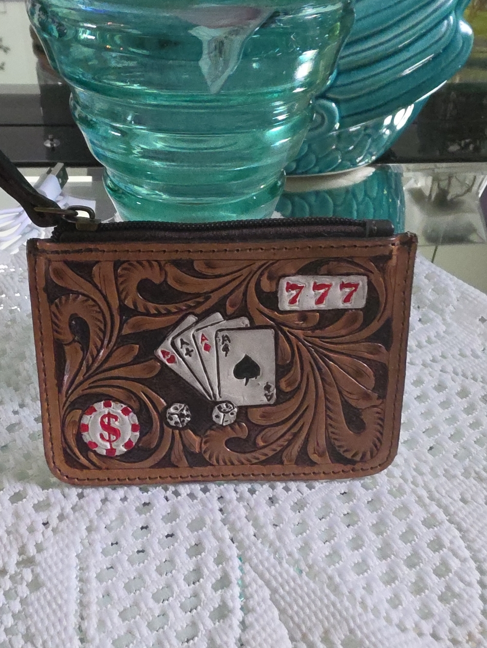Wrangler Brown Tooled Leather Card Wallet with Casino Motif